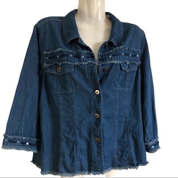 Napa Valley shacket PM 100% cotton frayed hem pockets cuffs button front‎ blue - Picture 1 of 5